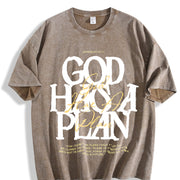 Retro 230 'God HAS a Plan' Letter ComfortableFashionable Vintage Washed T-Shirt in Brown