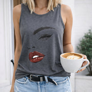 Eyebrow Eye Nose Lip Mouth Crew-neck Sleeveless Vest Women's Color Cotton Tank Top in Gray