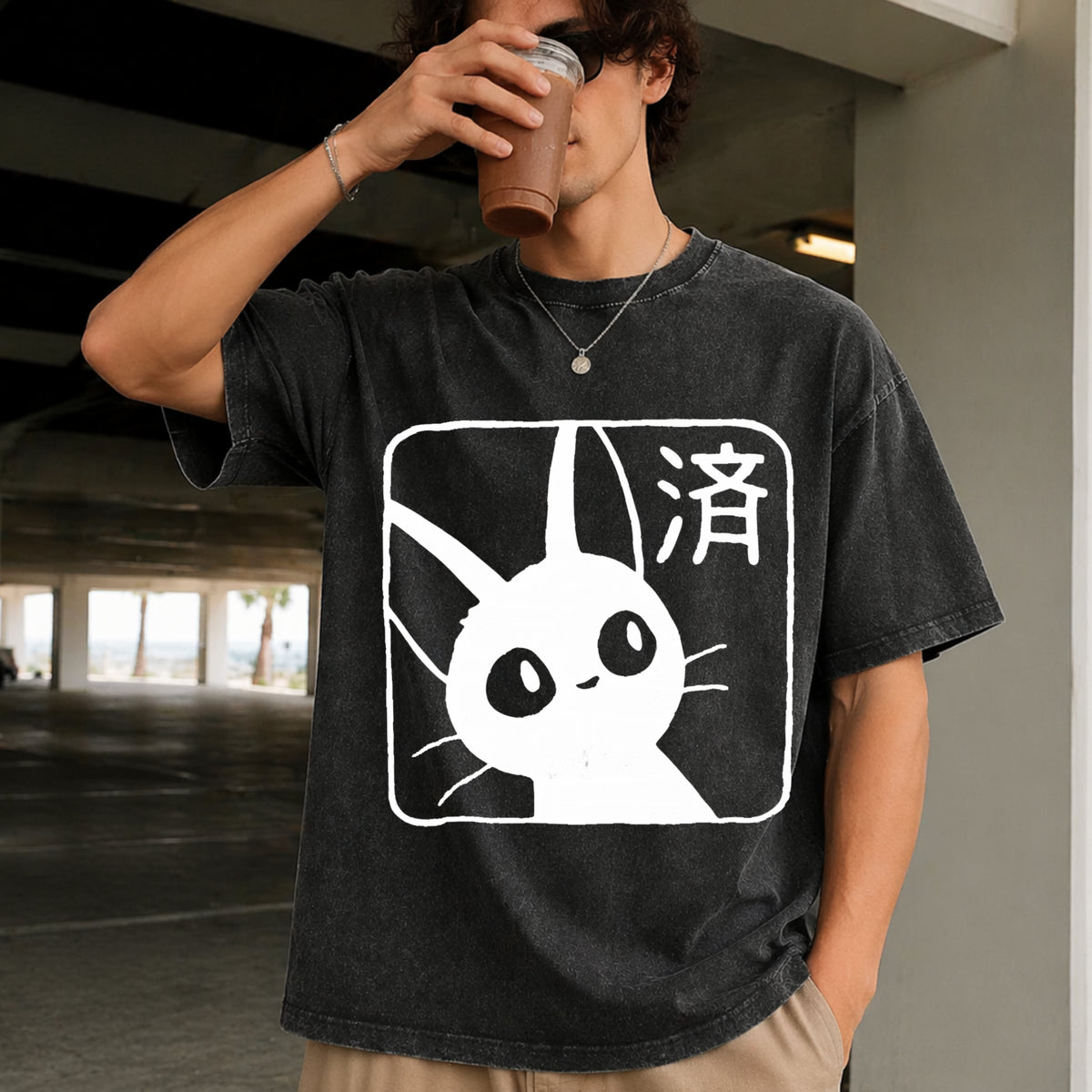 Cat Howl's Moving Castle Vintage Washed T-Shirt in Black