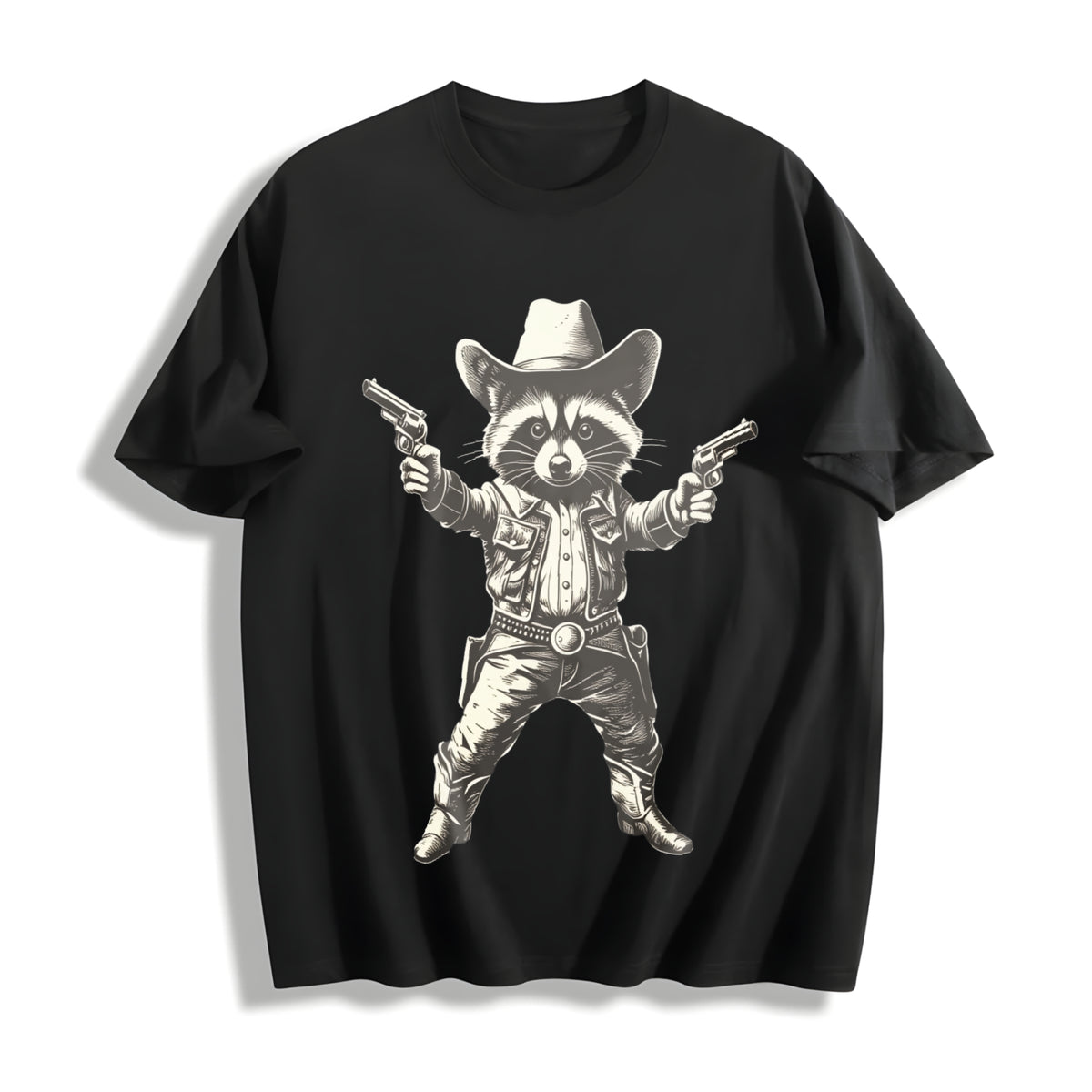 Cowboy Raccoon Retro Raccoon Cotton T-Shirt in Black