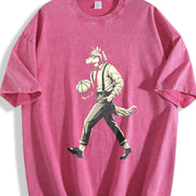 Retro Wolf Man Basketball 90s Vintage Washed T-Shirt in Red