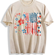 Floral American Flag Vintage Washed T-Shirt in Beige