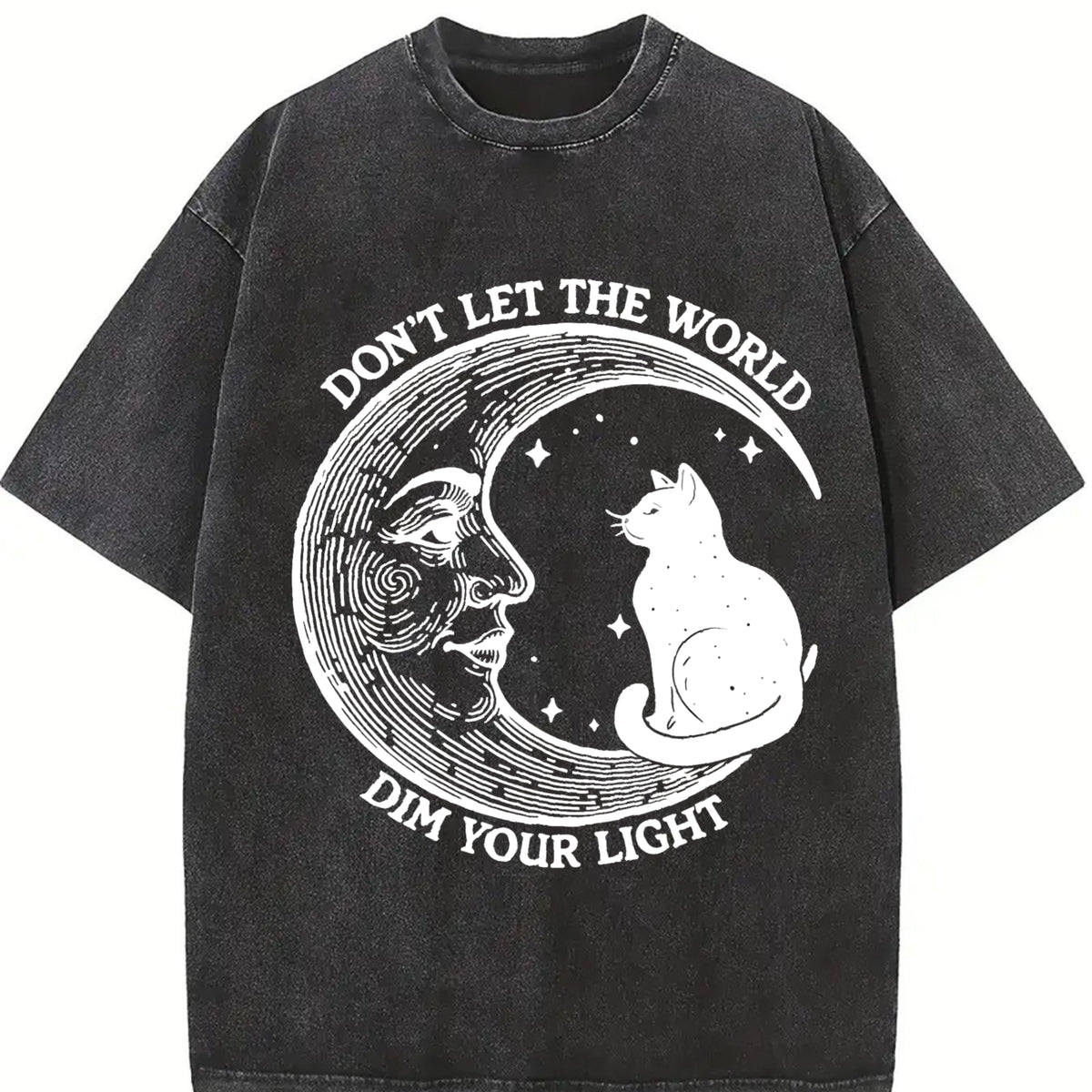 Don't Let the World Dim Your Light Moon and Cat Vintage Washed T-Shirt in Black