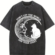 Don't Let the World Dim Your Light Moon and Cat Vintage Washed T-Shirt in Black