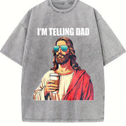 I'm Telling Dad Jesus with Beer Vintage Washed T-Shirt in Gray