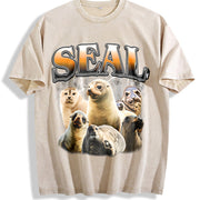 Seal Ocean Animal Bootleg Meme Vintage Washed T-Shirt in Beige