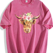Highland Cow with Flowers Vintage Washed T-Shirt in Red