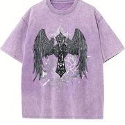 Gothic Angel & Cross Back Dark Grey/Black Retro for vintage washed oversized T-shirt in Purple