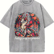 Dragon in a Bouquet of Flowers Vintage Washed T-Shirt in Gray
