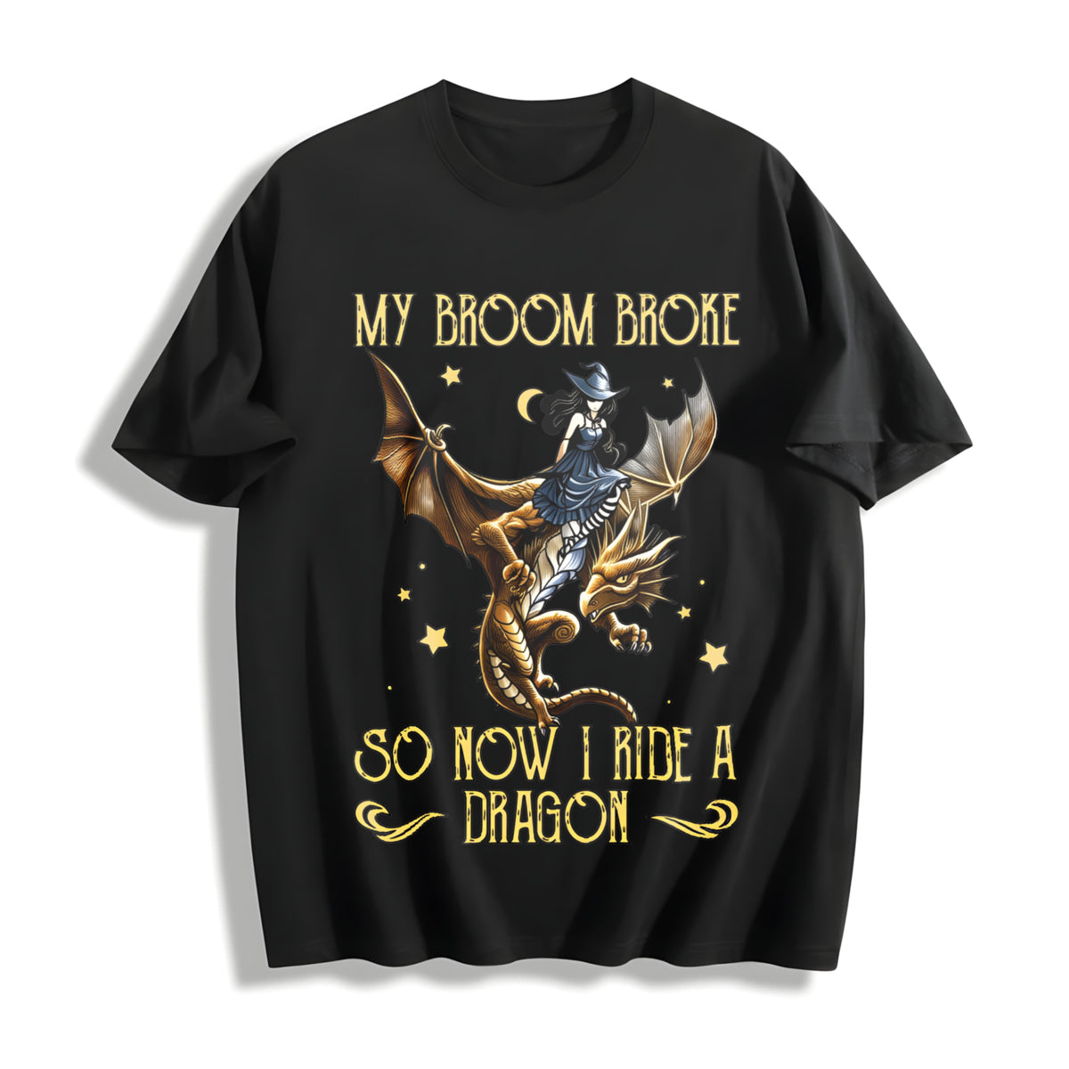 Sister Autumn: Witch Riding a Flying Dragon Letter Cotton T-Shirt in Black
