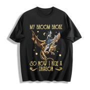 Sister Autumn: Witch Riding a Flying Dragon Letter Cotton T-Shirt in Black