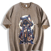 Cute Forest Animal Party Japanese- Black Robe Cat Vintage Washed T-Shirt in Brown