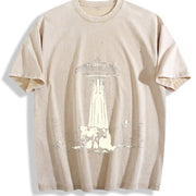 Retro Cow and Western UFO 90s Vintage Washed T-Shirt in Beige
