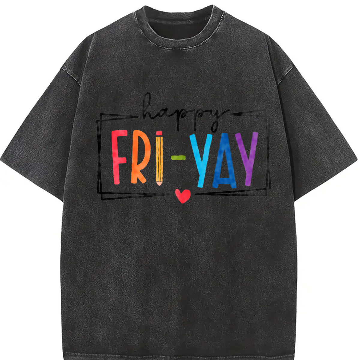 Ladies' a Round-neck Short-sleeve with 'Friyay' Vintage Washed T-Shirt in Black