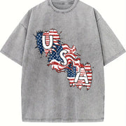 USA Map Flag Vintage Washed T-Shirt in Gray