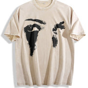 Abstract Black and White Faces Vintage Washed T-Shirt in Beige