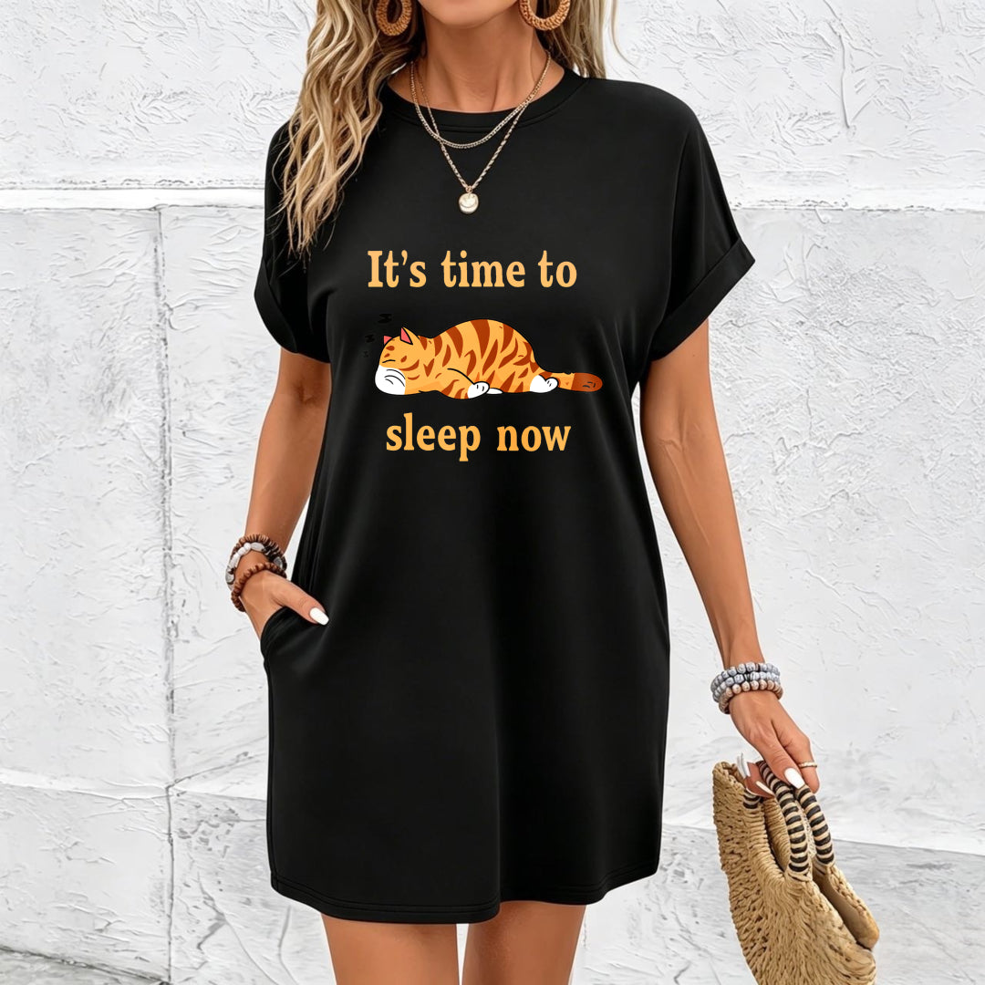 Letter and Cute Cat Cartoon Dress Cotton T-Shirt in Black
