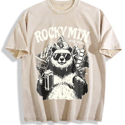 Retro Rocky Mountains National Park Bear Beer Vintage Washed T-Shirt in Beige