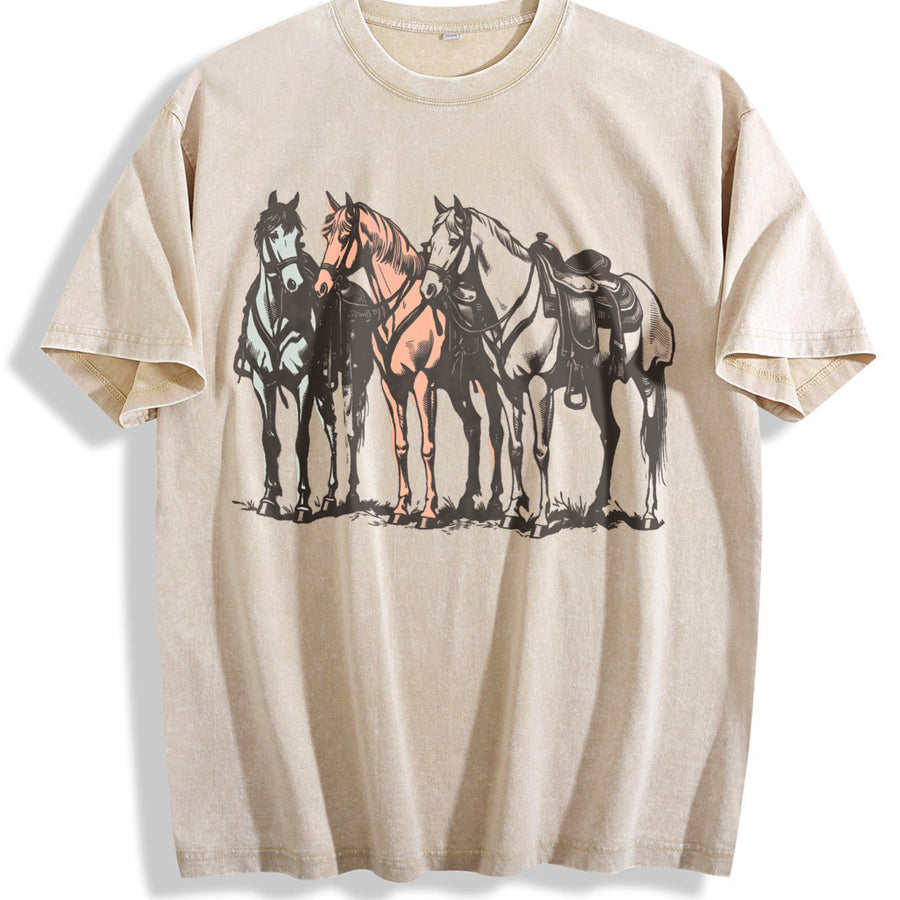 Western Horse Cowboy Rodeo Horse Lovers vintage washed oversized T-shirt in Beige