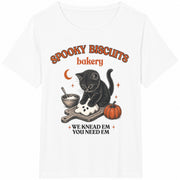Kitty Biscuits Spooky Season Black Cat Halloween Fall Cotton T-Shirt in White