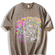 Graffiti Clown Girl Black Hip Hop Vintage Washed T-Shirt in Brown