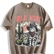 Retro Wild West Cowboy Cat Vintage Washed T-Shirt in Brown