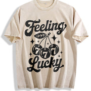 Feeling Lucky Retro 777 Slot Machine Cherry Vintage Washed T-Shirt in Beige