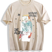 TV Head Cowboy Die Alone White Retro Grunge Vintage Washed T-Shirt in Beige