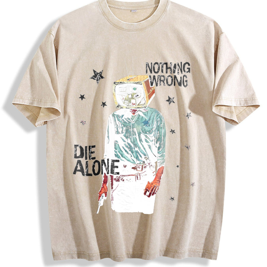 TV Head Cowboy Die Alone White Retro Grunge Vintage Washed T-Shirt in Beige
