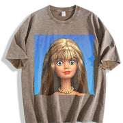 Brunette Glam Doll Portrait Vintage Washed T-Shirt in Brown