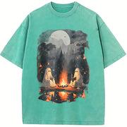 Teacher Halloween Ghost Book Reading Camping Vintage Washed T-Shirt in Blue