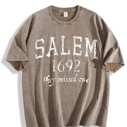 Salem Mass 1692 Halloween Witch Broom Joke for Ladies Cute Vintage Washed T-Shirt in Brown