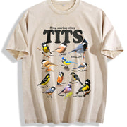 Tit Birds 90s Retro Y2K Birdwatching Vintage Washed T-Shirt in Beige