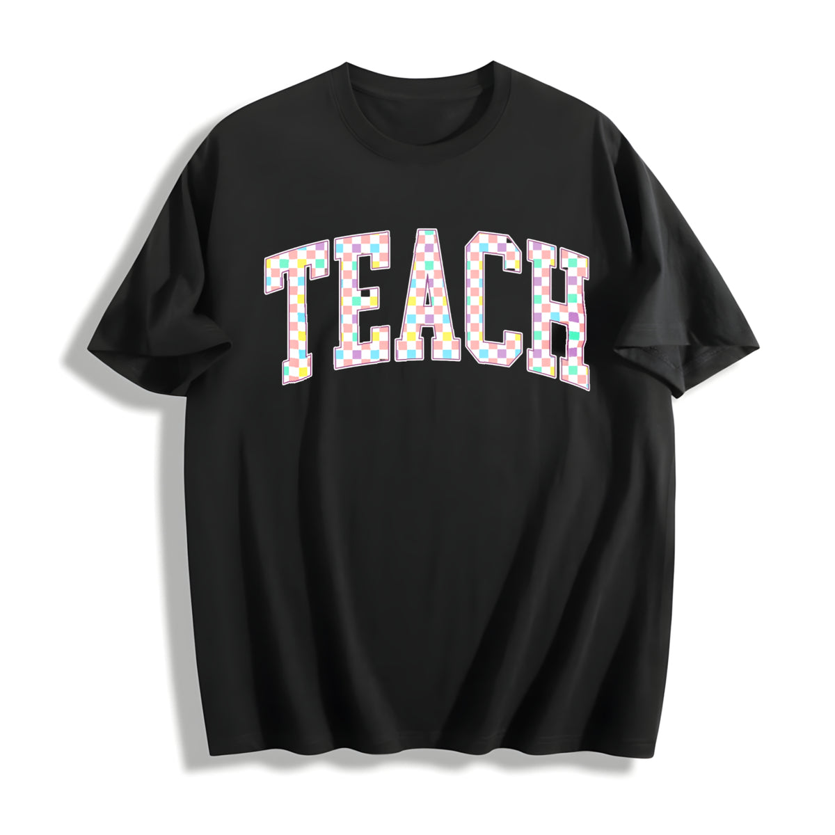 Checkered Teach Back to School Cotton T-Shirt in Black