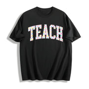Checkered Teach Back to School Cotton T-Shirt in Black