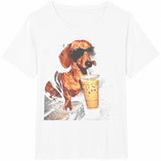 Dachshund Drinking Iced Coffee Cotton T-Shirt in White