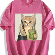 A Stylish Cat and Drink Vintage Washed T-Shirt in Red