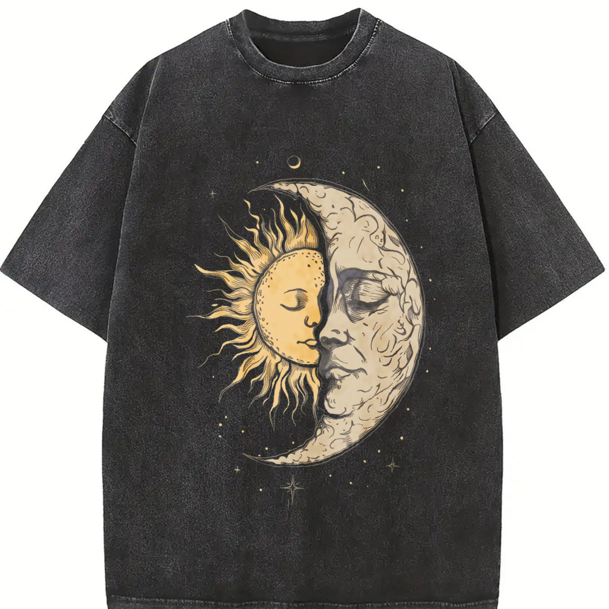 Mystical Sun and Moon Face Yin Yang Hippie Chic Hippy Vintage Washed T-Shirt in Black