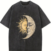 Mystical Sun and Moon Face Yin Yang Hippie Chic Hippy Vintage Washed T-Shirt in Black