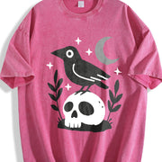 Witchy Crow Skull Moon and Stars Gothic Raven vintage washed oversized T-shirt in Red
