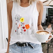 Colorful Floral Crew-neck Sleeveless Vest Outdoor Women's Color Cotton Tank Top in White