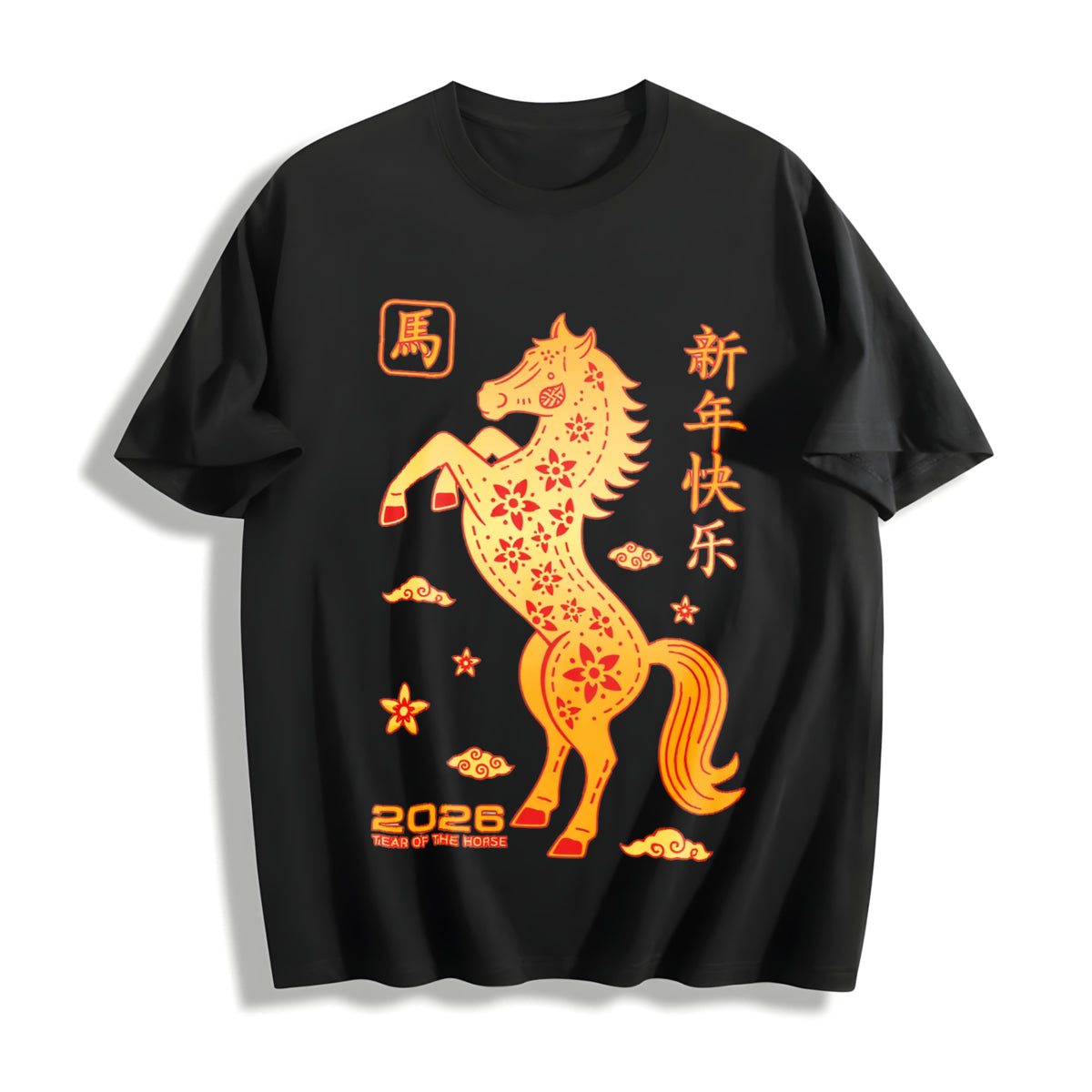 Winter Golden Paper Cut Horse with Red Floral Cotton T-Shirt in Black
