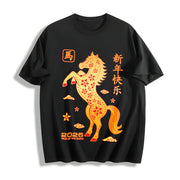Winter Golden Paper Cut Horse with Red Floral Cotton T-Shirt in Black
