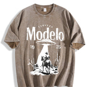 Modelo UFO Cowboy Retro with Cerveza Modelo Letter Vintage Washed T-Shirt in Brown