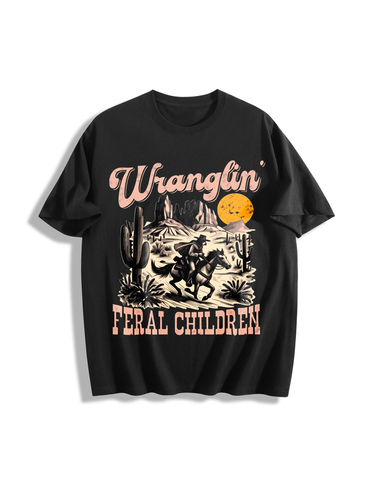 Retro Wranglin' Feral Children Raccoon 90s Western Cotton T-Shirt in Black