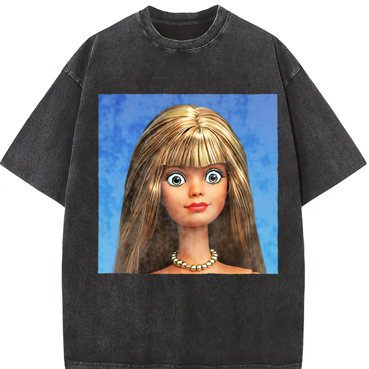 Brunette Glam Doll Portrait Vintage Washed T-Shirt in Black