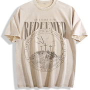 REDEEMED 220gsm - Retro Street Faithbased Soft Texture vintage washed oversized T-shirt in Beige
