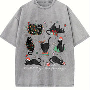 Merry Catmas Christmas Cat Vintage Washed T-Shirt in Gray