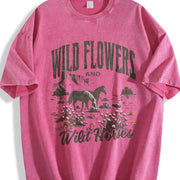 Wild Horses & Wildflowers Vintage Washed T-Shirt in Red