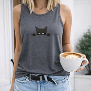 Cat Peeking Over Line Crew-neck Sleeveless Vest Outdoor Women's Color Cotton Tank Top in Gray